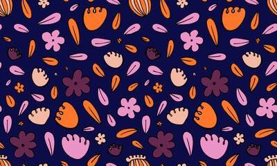 Collection of hand drawn flowers heads. Doodle illustration. Seamless pattern with simple floral elements