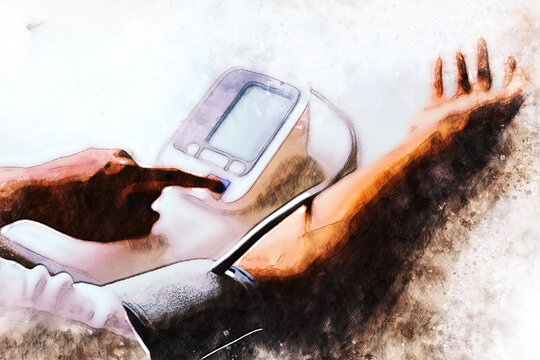 Abstract colorful close-up man measure pressure by yourself in room on watercolor illustration painting background.