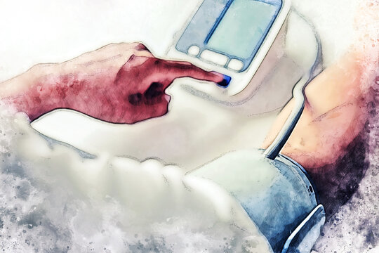 Abstract colorful close-up man measure pressure by yourself in room on watercolor illustration painting background.