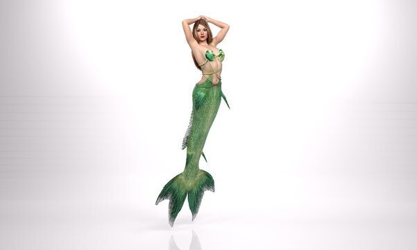 3D Rendering : A portrait of the beautiful mermaid, a pinup mermaid posing in the studio