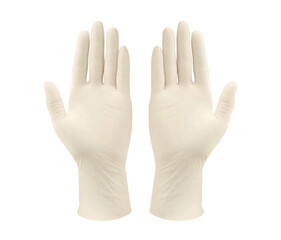 Two yellow surgical medical gloves isolated on white background with hands. Rubber glove manufacturing, human hand is wearing a latex glove. Doctor or nurse putting on nitrile protective gloves