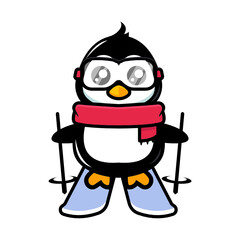 Cute penguin mascot ski theme design illustration
