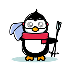 Cute penguin mascot ski theme design illustration