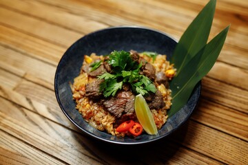 Fried rice with beef and vegetables on wooden background