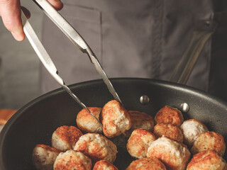 Meatball cutlet cooking by homemade recipe with farm meat, organic vegetables, herbs and spices by...
