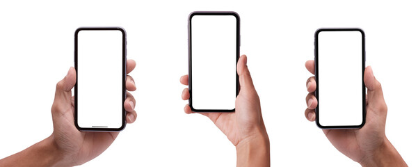 Hand holding the black smartphone with blank screen and modern frameless design in two rotated perspective positions - isolated on white background - Clipping Path
