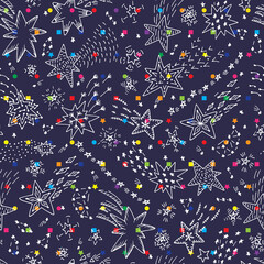 New Year's seamless pattern with Stars and Comets. Holiday background. Hand Drawn Doodles illustration. 