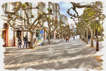 City Burgos. Embankment. Cityscape. Imitation of oil painting. Illustration