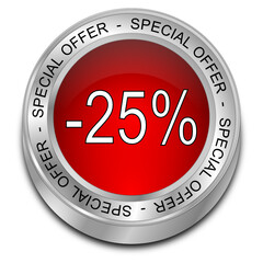 Special Offer -25% Discount button - 3D illustration