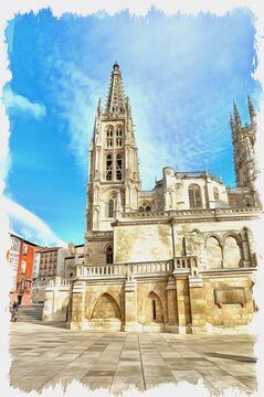 Burgos. Cathedral of Our Lady. Cityscape. Imitation of oil painting. Illustration
