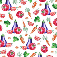 Tomatoes, carrots, broccoli, eggplant. Pattern of vegetables on a white background. Watercolor illustration.