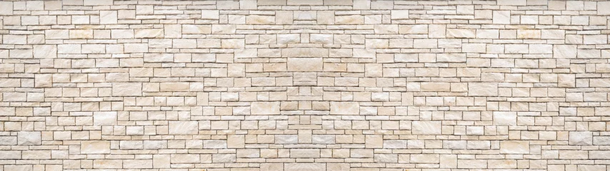 Photo sur Plexiglas Mur de briques Panorama panoramique de bannière de fond de texture de mur de brique de pierre blanche beige naturel