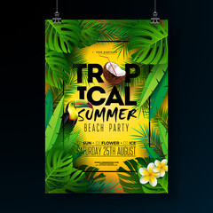Tropical Summer Beach Party Flyer Design with Flower, Tropical Palm Leaves and Toucan Bird on Sun Yellow Background. Vector Summer Beach Celebration Illustration Template with Typograpy Letter for