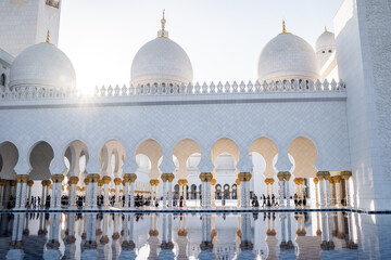 Grand Mosque in Abu Dhabi in the evening during sunset.