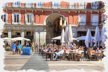 Madrid. Plaza Mayor. Imitation of oil painting. Illustration