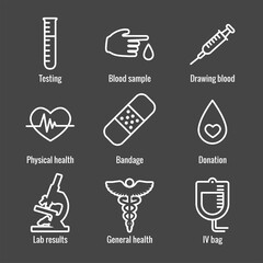 Blood testing and work icon set with syringe, donation, & blood sample ideas