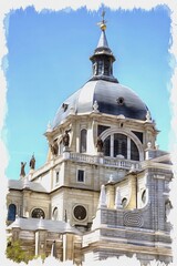 Catholic Cathedral of the Virgin of Almudena. Imitation of oil painting. Illustration