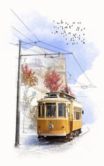 Fototapeta na wymiar Trams in Portugal. Watercolor sketch.