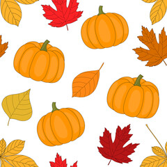 Seamless pattern autumn leaves pumpkin vector illustration
