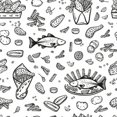 Fish and Chips Vector Seamless Pattern. Fast Food Background. Raw and Fried Seafood and Vegetables. Hand Drawn Doodle Sketch Cod Fish, Filet, Potatoes, Potato Fries, Lemon and Sauce. Street Food Menu
