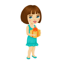 Cute cartoon little girl smiling and holding a gift box in her hands