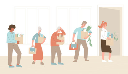 Unemployed characters set. Dismissed sad coworkers holding paper box collection leaving their office. Work crisis. Fired unhappy men and women with his things isolated on white background.  Vector ill