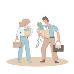 Unemployment concept. Dismissed sad characters holding paper box. Work crisis. Fired unhappy two friends standing with his things. Coworkers standing together. Vector line art illustration. 