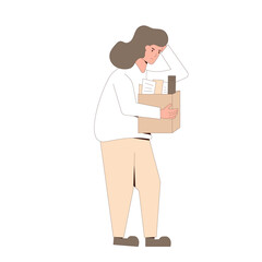 Unemployed woman. Dismissed sad character holding paper box. Work crisis. Fired unhappy young person standing with her stuff isolated on white background. Job search. Vector flat illustration. 