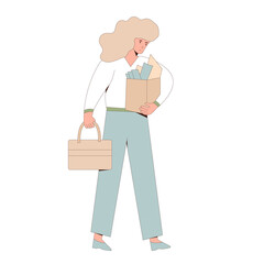 Unemployed woman. Dismissed sad character holding paper box. Work crisis. Fired unhappy young person standing with her stuff isolated on white background. Job search. Vector flat illustration. 