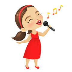 Cute girl sings in red dress