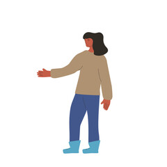 Young woman standing and points to something with her hand.