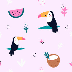 Seamless pattern with toucan bird, coconut, watermelon. Summer print with exotic birds and cartoon jungle plants. Isolated on pastel background