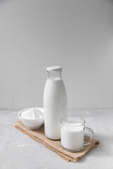 Milk in a bottle, next to a mug with milk and a bowl with milk powder on a light background