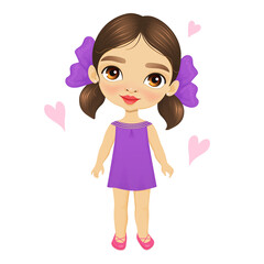Cute little girl with big eyes smiles, stands in a purple dress and with bows on her hair