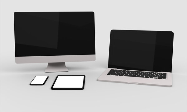 Laptop, desktop computer ,mobile and tablet 3d rendering mockup .3d illustration