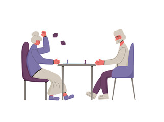 Boarding game. Senior people spend time together. Mature man an woman playing a table game. Friends staycation. Vector illustration.