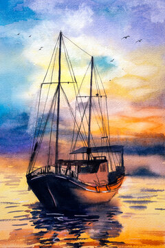 Watercolor Painting - Fishing Boats with twilight