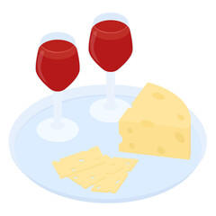 two glasses of red wine and a piece of cheese on a plate isolated on a white background. wine isometric illustration