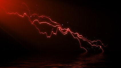Fototapeta na wymiar Abstract realistic nature red lightning thunder background . Bright curved line on isolated texture overlays. Reflection on water .