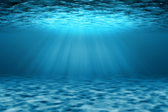 Underwater ocean scene 3D illustration with seabed and light rays. Blue decorative background. 