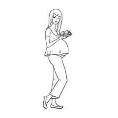 Pregnant girl with fruits. Healthy lifestyle. Beautiful young woman with fruits. Stock vector illustration isolated on white background.