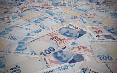 Turkish Money Background, 100 Turkish Money, Central Bank of the Republic of Turkey, Turkish Currency, 3D Render