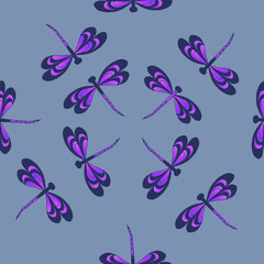 Seamless pattern with many dragonflies in a symmetrical pattern. Dragonfly. Pattern with dragonflies. Dragonfly with purple and blue wings on a blue background. Blue, purple and gray-blue color.