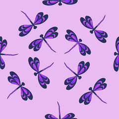 Seamless pattern with many dragonflies in a symmetrical pattern. Dragonfly. Pattern with dragonflies. Dragonfly with purple and blue wings on a pink background. Blue, purple, and pink.