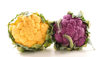 different variety of cauliflowers on white background