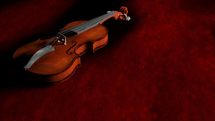 Fototapeta na wymiar Violin laying on a red velvet surface - 3D rendering illustration