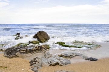 Black sea beach with waves crushes. Shkorpilovtsi, Bulgaria