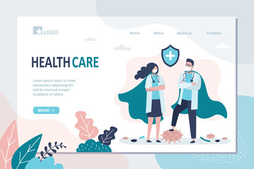 Healthcare landing page template. Happy superhero doctors defeated coronavirus, viruses and diseases. Covid-19 Pandemic stop,