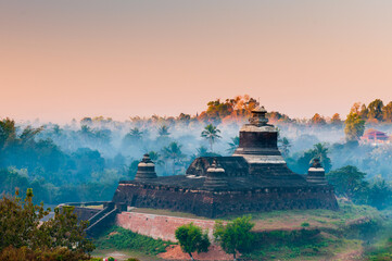Mrauk U (small Bagan) the ancient Rakhaing capital. Sunrise above the Dukkanthein Paya temple in...