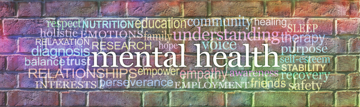 Mental Health Awareness Campaign Brick wall Graffiti Banner -  wide rainbow coloured brick wall with the words MENTAL HEALTH surrounded by a relevant word cloud 
